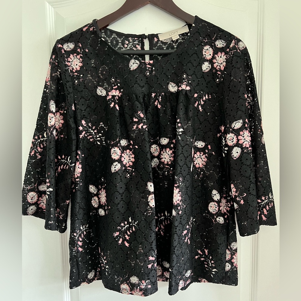 LOFT Black and floral print lace eyelet blouse